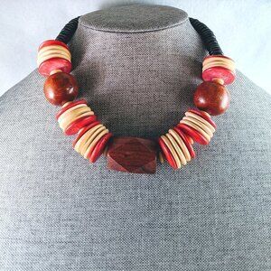 Vintage Red, Black & Brown Wooden Bead Statement Necklace Geometric Design